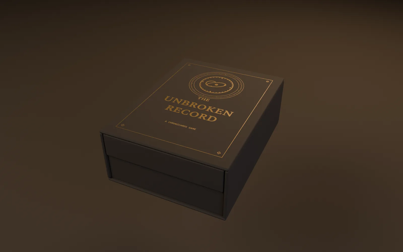 A near-black, gold-stamped archive box for The Unbroken Record.